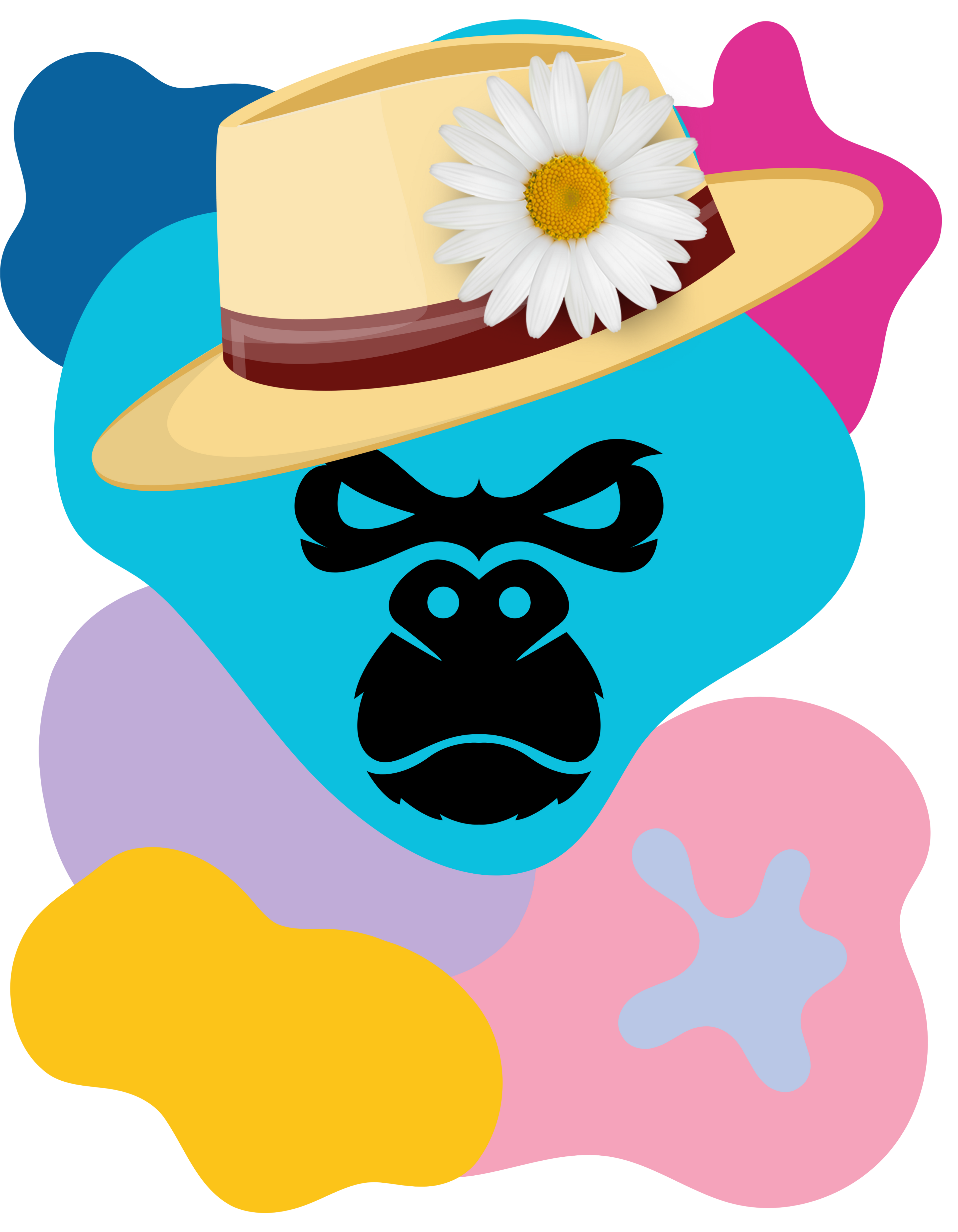 Colorful abstract design with a gorilla face, flower, and geometric shapes on a white background